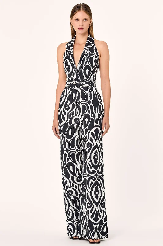 women's tall pantsSTEPHANIA JUMPSUIT - BLACK INEZ PRINT