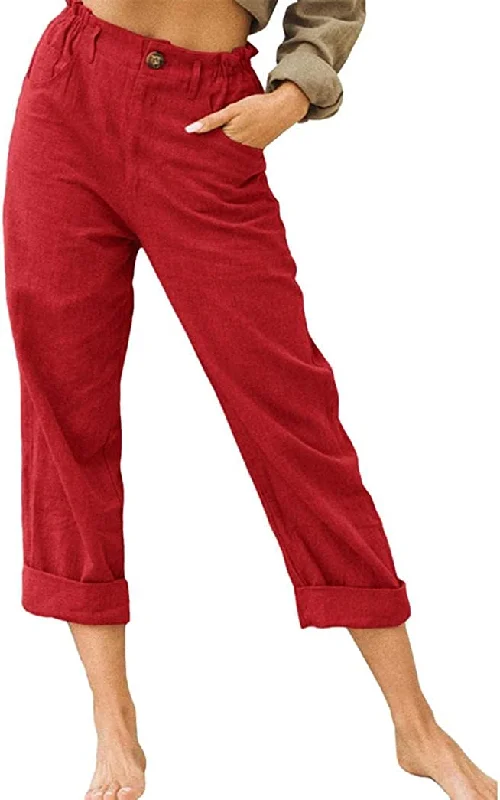 women's corduroy pantsFashionSierra - Linen Buttons Cropped Pants High Elastic Waist Stretch Capris Casual Work Crop Pants