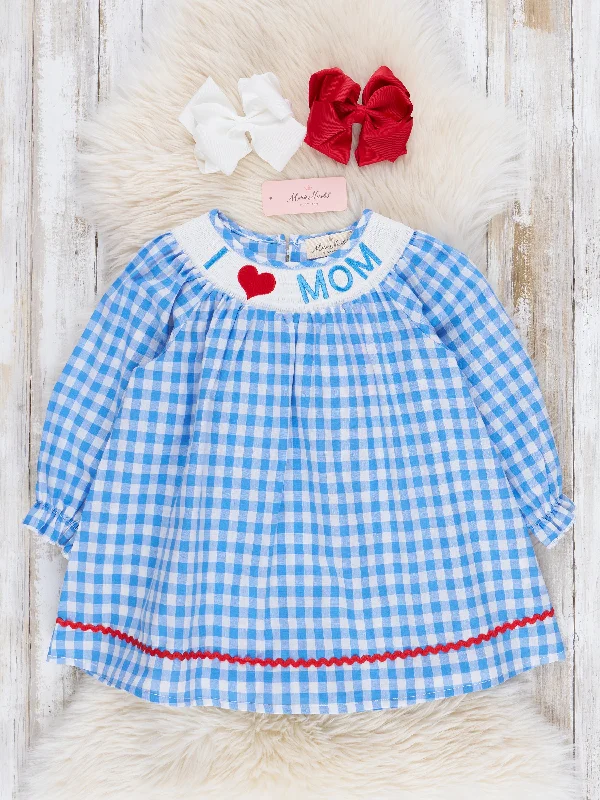 women's statement dressesBlue Gingham Smocked Mom Love Dress