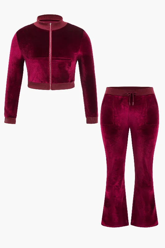 women's luxury dressesPlus Size Velvet Zipper Top And Trousers Set