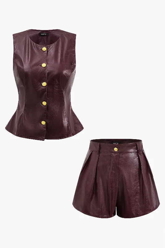 women's versatile dressesMetallic Button Faux Leather Shorts Set