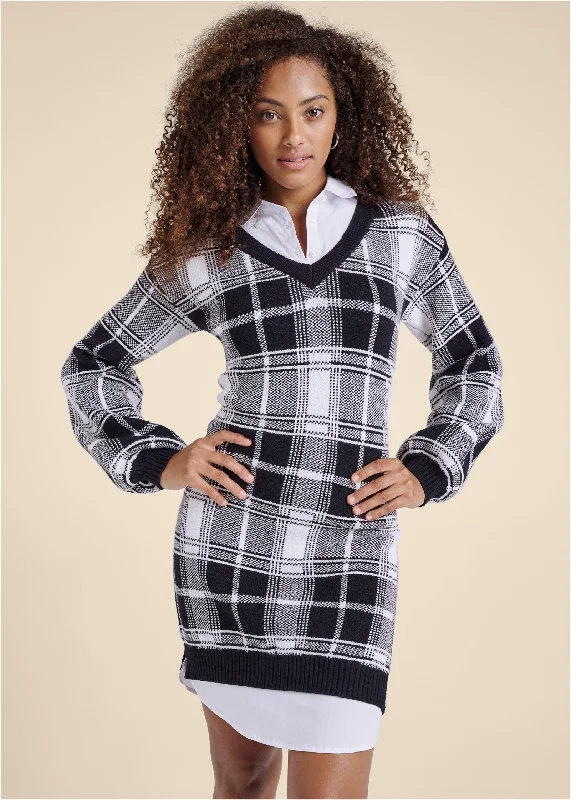 women's bell-sleeved dressesPlaid Layered Sweater Dress - White & Black