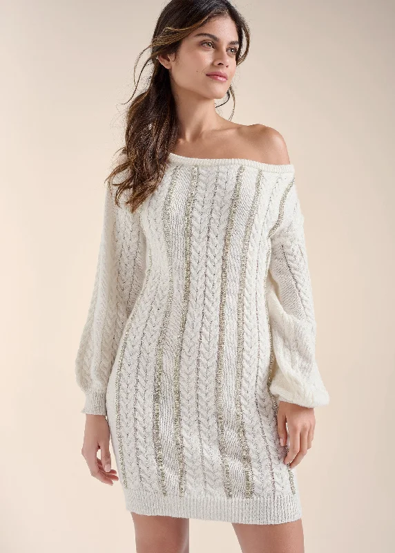 women's metallic dressesRhinestone Embellished Sweater Dress  - Off White