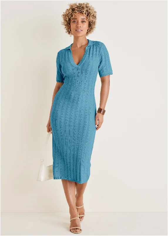 women's business casual dressesPointelle Sweater Dress - Blue