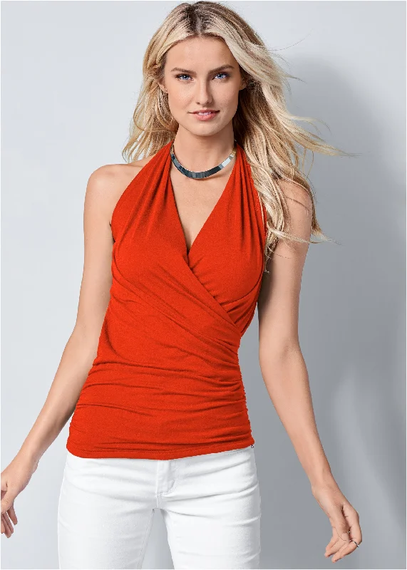 women's apple-shaped body dressesSurplice Halter Top - Orange