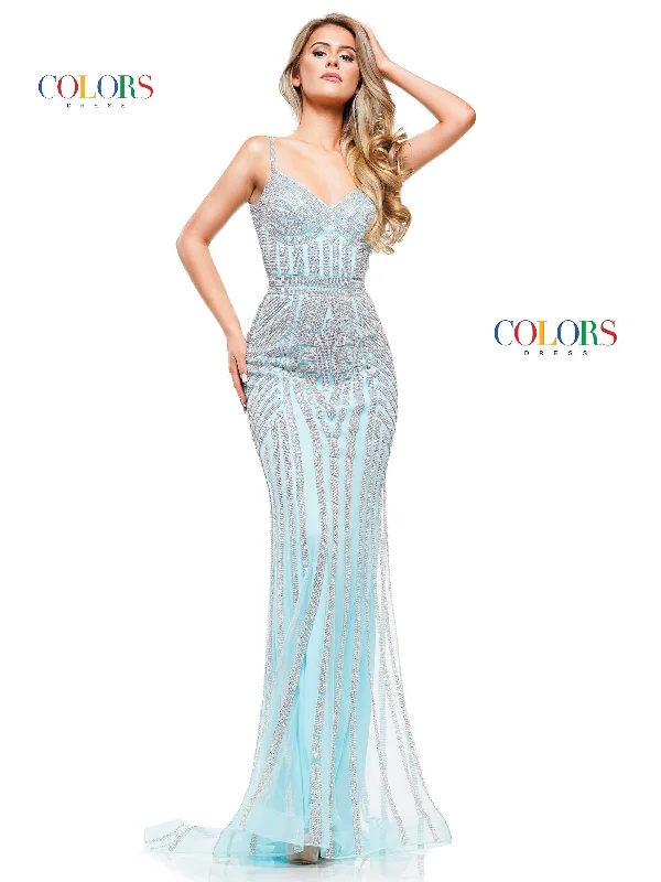 women's lace-up dressesColors G664 Colors Long Spaghetti Strap Beaded Prom Dress