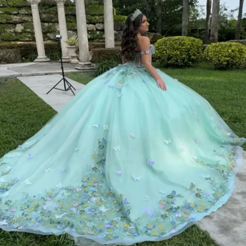 women's pastel dressesLight Green Quinceanera Dress Ball Gown 3D Butterfly Applique Beading Tull Corset