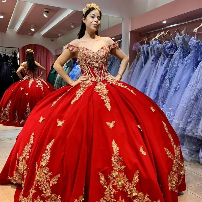 women's apple-shaped body dressesRed Ball Gown Quinceanera Dresses Sweet 16 Dress Tulle Gold 3D Flowers