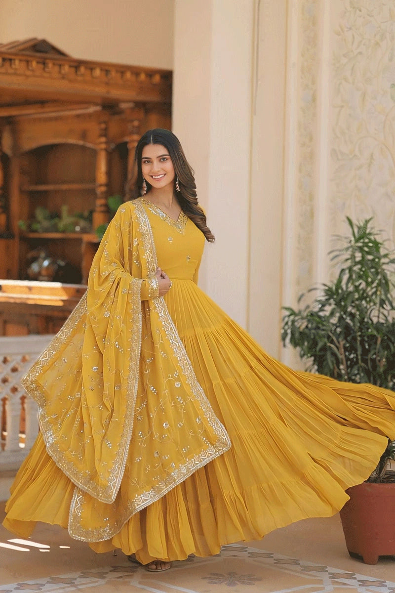 women's bespoke dresses5 Layer Yellow Colour Gown For Diwali Special Outfits