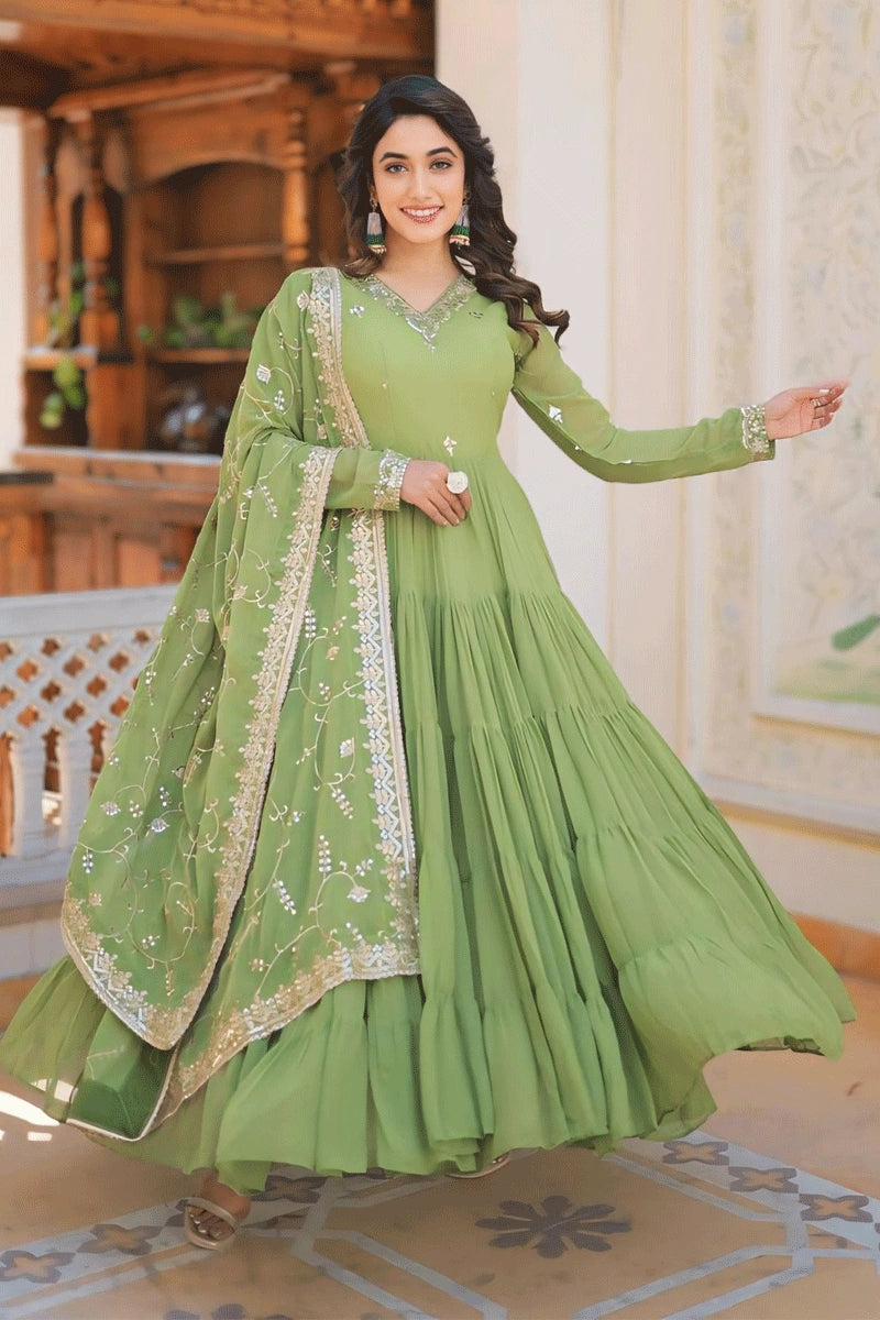 women's limited-edition dresses.5 Layer Light Green Colour Gown For Diwali Special Outfits