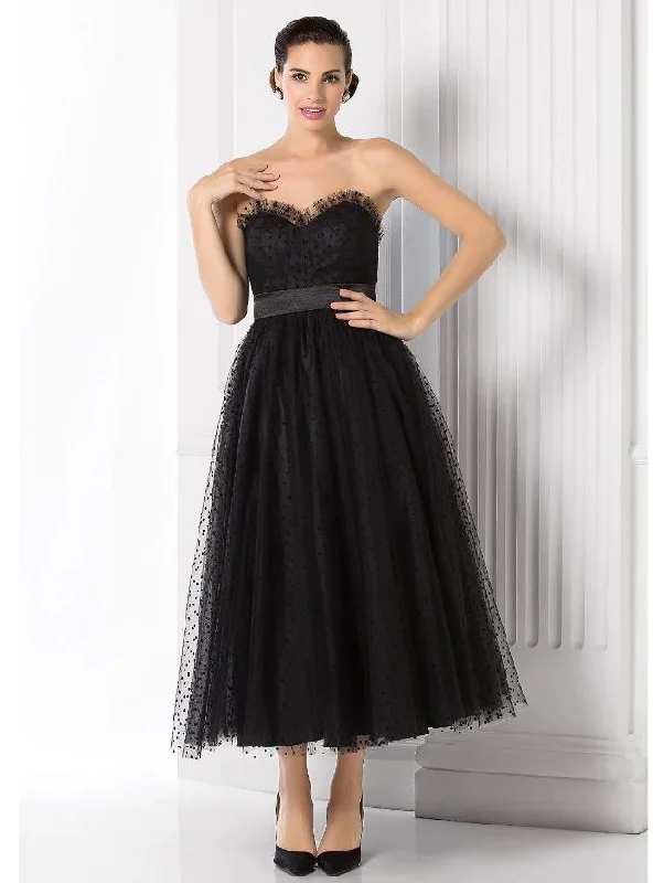 women's empire-line dressesBall Gown Little Black Dress Dress Holiday Tea Length Sleeveless Sweetheart Tulle with Sash / Ribbon