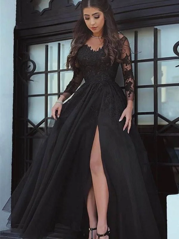 women's petite dressesBall Gown Long Sleeves V-neck Floor-Length Tulle Applique Dresses #