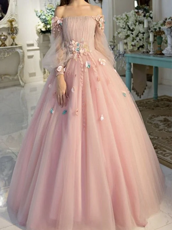 women's plus-size dressesBall Gown Off-the-Shoulder Tulle Long Sleeves Hand-Made Flower Floor-Length Dresses