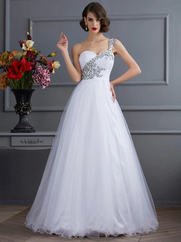 women's cocktail dressesBall Gown One-Shoulder Sleeveless Beading Long  Woven Satin Quinceanera Dresses