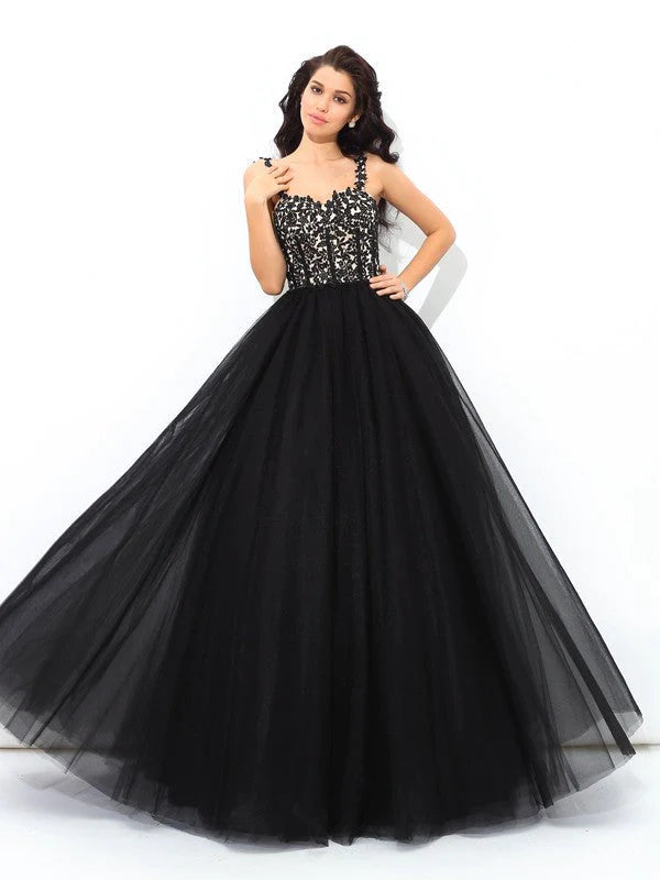 women's prom dressesBall Gown Straps Applique Sleeveless Long Net Quinceanera Dresses TPP0002196