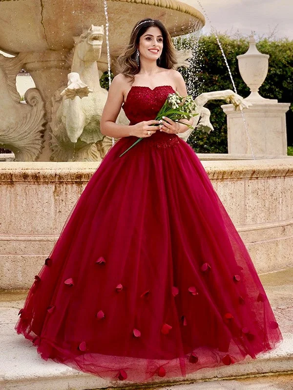 women's ruffle dressesBall Gown Tulle Applique Sweetheart Sleeveless Floor-Length Dresses