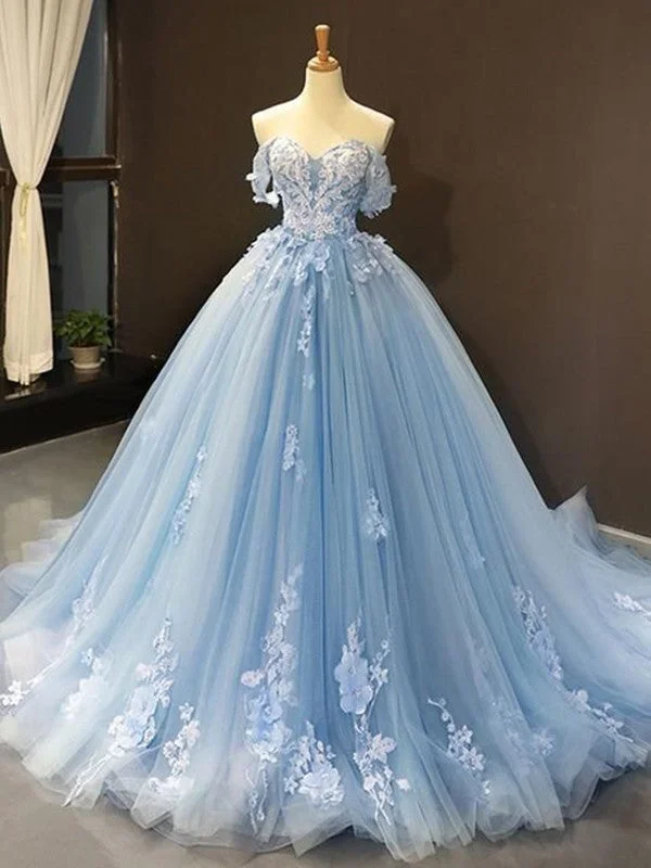 women's curve-hugging dressesBall Gown Tulle Off-the-Shoulder Sleeveless Applique Chapel Train Dresses