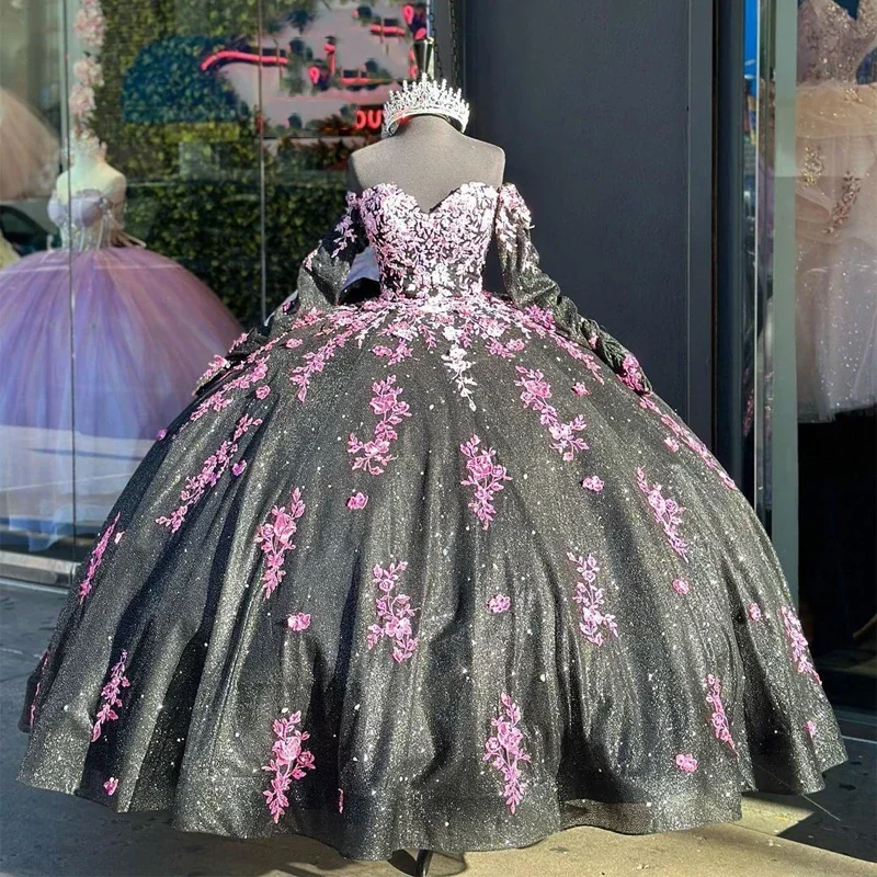 women's stretchy dressesBlack Bling Quinceanera Dresses Mexican Sweetheart Off-The-Shoulder Long sleeve Pink Applique Ball Gowns A-Line Puffy Vestidos