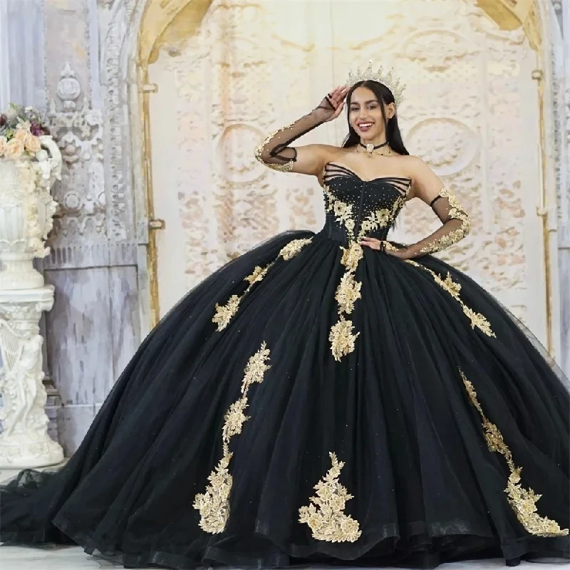 women's formal dressesBlack Charro Quinceanera Dresses Ball Gown V-neck Tulle Appliques Beaded Mexican Sweet 16 Dresses 15 Anos