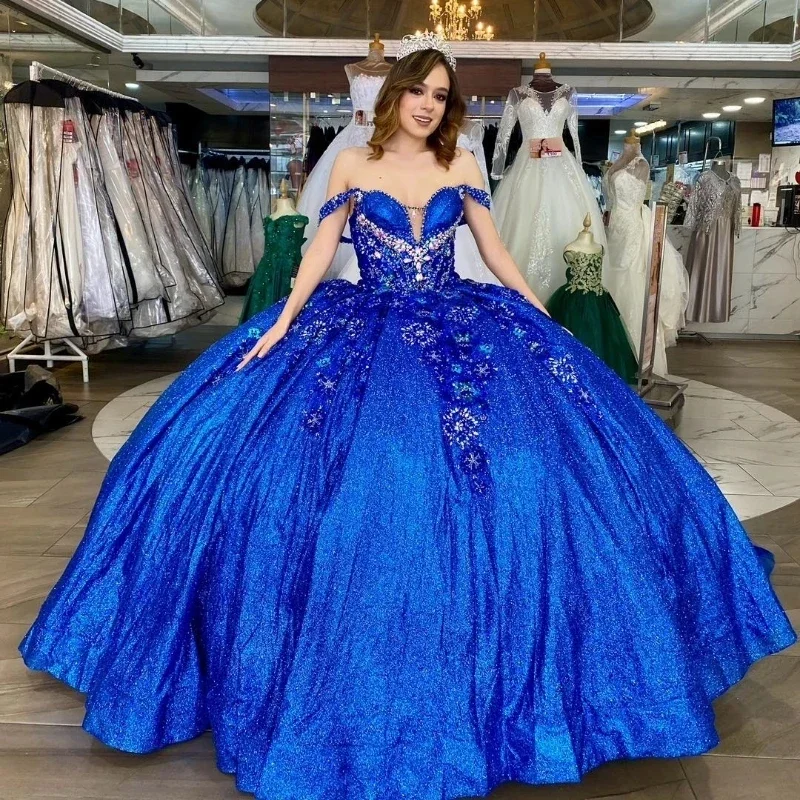 women's high-low dressesBlue Glitter Crystal Sequined Ball Gown Quinceanera Dresses Off The Shoulder Applique Lace Beading Corset Vestidos De 15 Anos 20