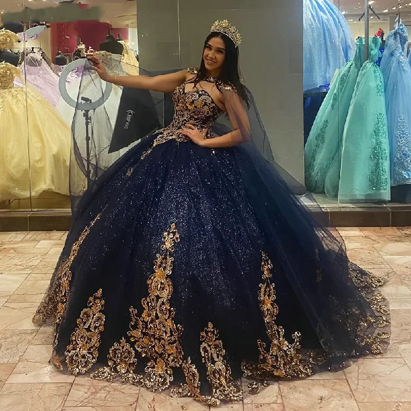 women's chiffon dressesBlue Quincenara Dress 3D Flowers Applique Lace Ball Gown With Cape Corset Sweet 16 Vestidos De XV Años