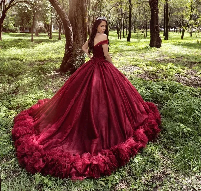 women's bow dressesBurgundy Quinceanera Dresses Ball Gown Off The Shoulder Tulle Ruffled Sweet 16 Dresses 15 Años Mexican