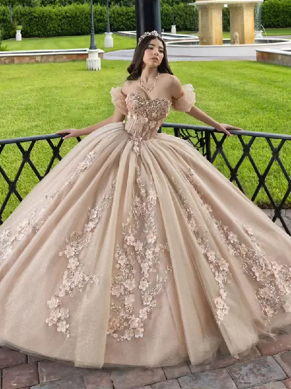 women's statement dressesChampagne Detachable Sleeve Crystal Beading Ball Gown Quinceanera Dresses 3D Flowers Appliques Lace Corset Vestidos De 15 Años