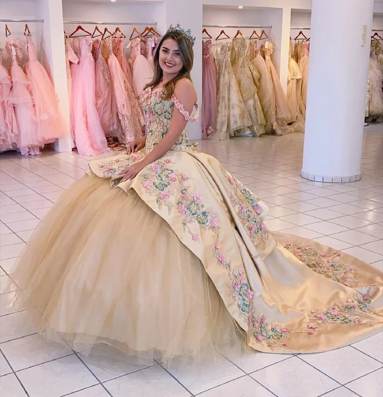 women's midi dressesChampagne Princess Quinceanera Dresses Ball Gown Off The Shoulder Appliques Pearls Sweet 16 Dresses 15 Años Custom