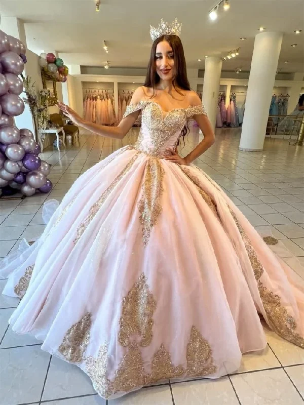 women's mother of the bride dressesChampagne Princess Quinceanera Dresses Ball Gown Off The Shoulder Tulle Appliques Sweet 16 Dresses 15 Años Mexican