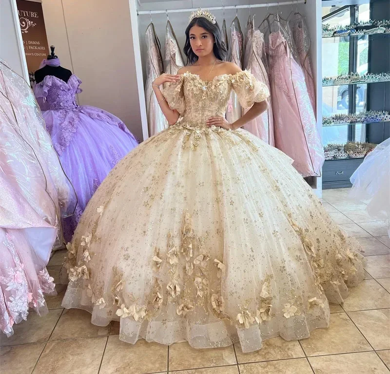 women's cinched-waist dressesChampagne Quinceanera Dresses Ball Gown Off The Shoulder Sparkly Floral Sweet 16 Dresses 15 Años Mexican