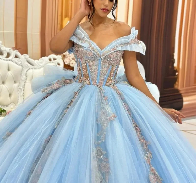 women's glam dressesCharming Off Shoulder Princess Ball Gown Elegant Quinceanera Dress Classic Appliqué Sequin With Cape Sweet 16 Dress Vestido De