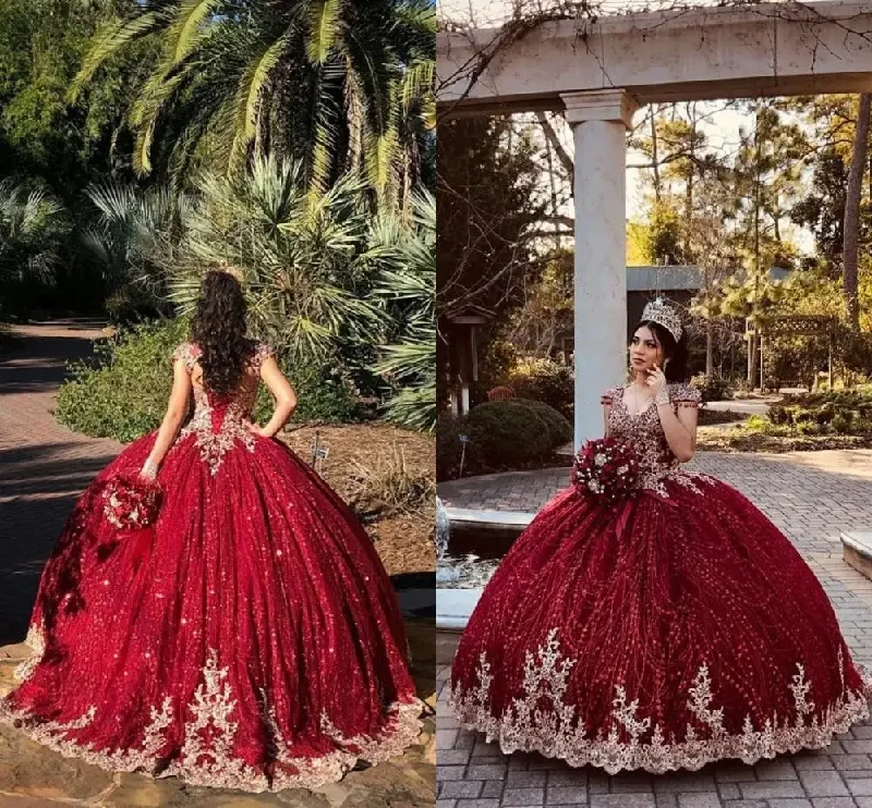 women's breathable dressesDark Red Beaded Ball Gown Quinceanera Dresses Gold Beads Sweet 16 Dress Pageant Gowns vestido de 15 anos años quinceañera