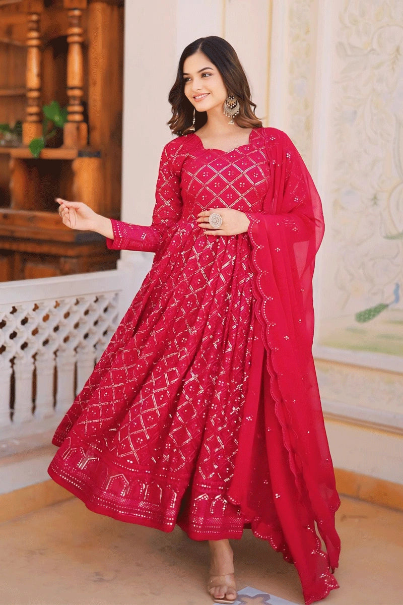 women's mother of the bride dressesEmbroiderey Work Rani Colour Karwa Chauth Gown