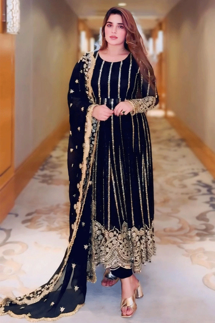 women's high-end dressesEmbroidery Work Golden Black Long Gown For Diwali