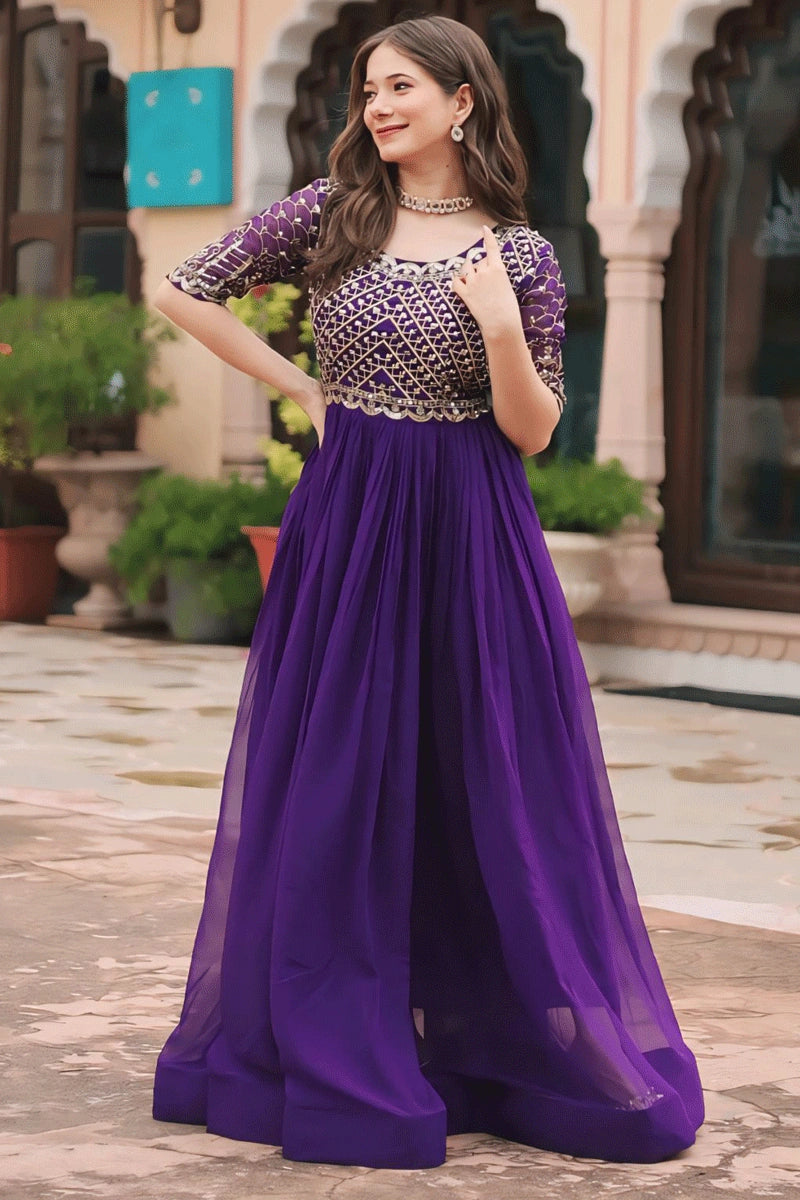 women's easy-to-wear dressesEmbroidery Zari Work In Purple Colour Long Gown For Women