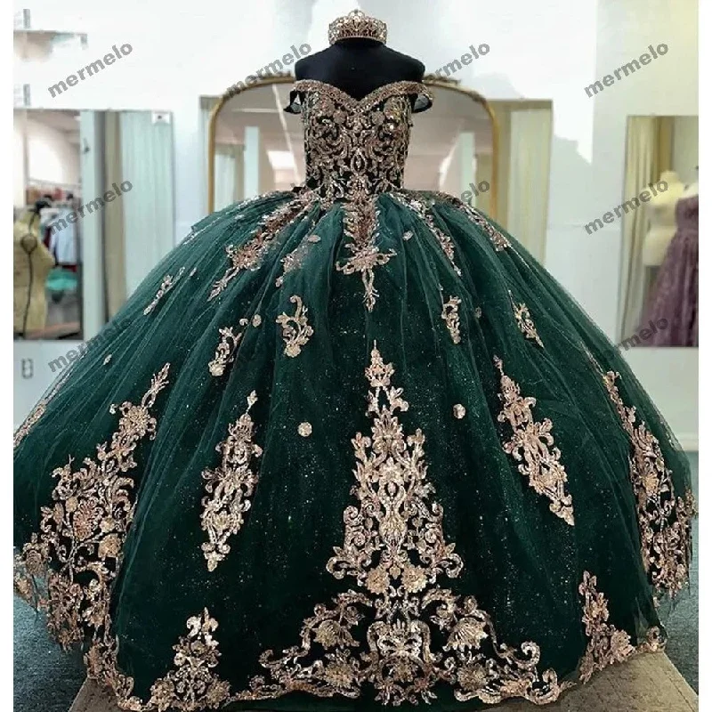 women's easy-to-wear dressesEmerald Green Ball Gown Quinceanera Dresses Gold Appliques Off Shoulder