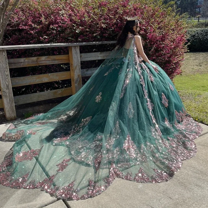 women's cotton dressesEmerald Green Quinceanera Dresses For 16 Girl V-Neck Off the Shoulder Gold Appliques Beads With Cape Princess Ball Gowns Birthda