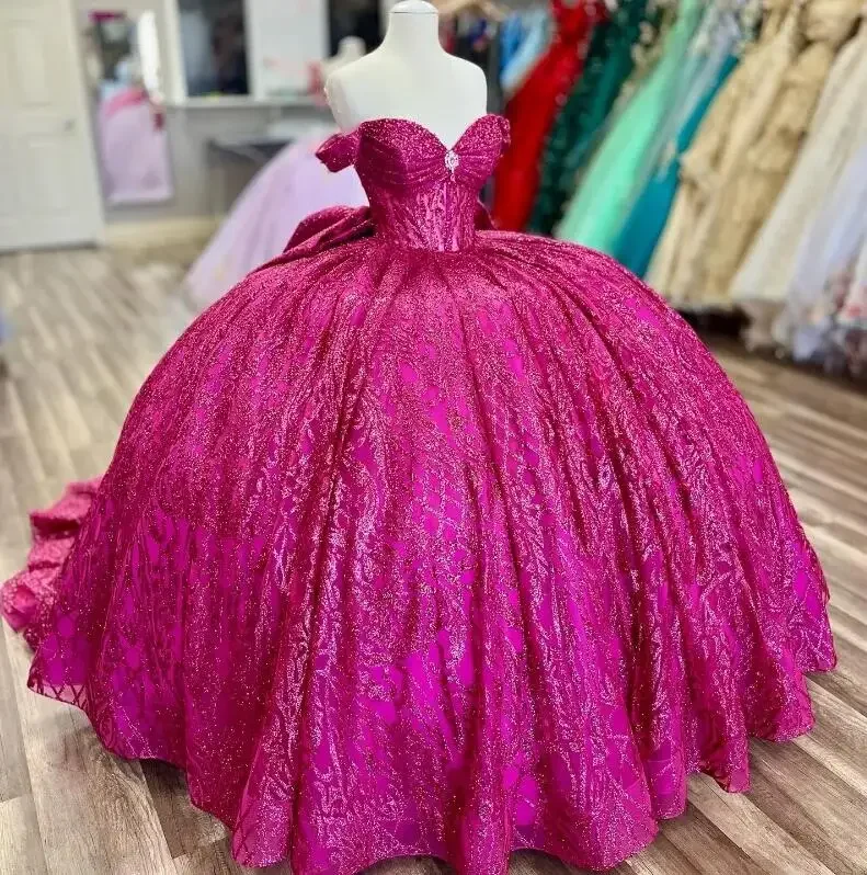 women's off-the-shoulder dressesFuchsia Pink Glitter Crystal Sequined Quinceanera Dresses Ball Gown Off The Shoulder Beading Tull Corset Vestidos 15 De XV Anos