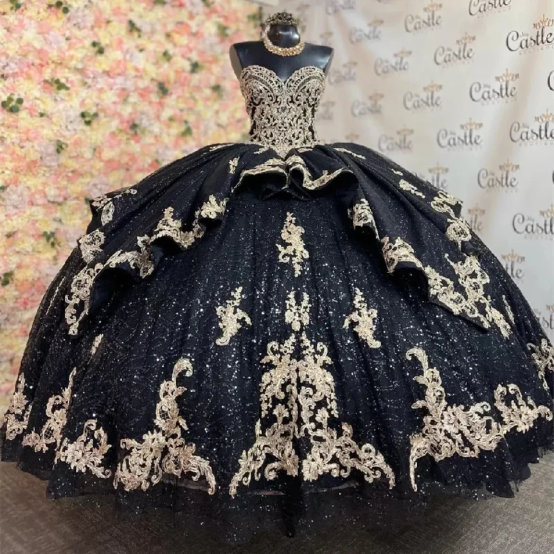 women's beach dressesGothic Black Gold Quinceanera Dresses Sweetheart Ball Gown Princess Birthday Gown Lace-Up Birthday Sweet 16 vestidos de 15