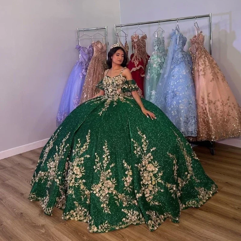 women's club dressesGreen Shiny Spaghetti Strap Ball Gown Quinceanera Dresses Gold Lace Appliques Flowers Corset Back Formal Birthday Vestidos De 15