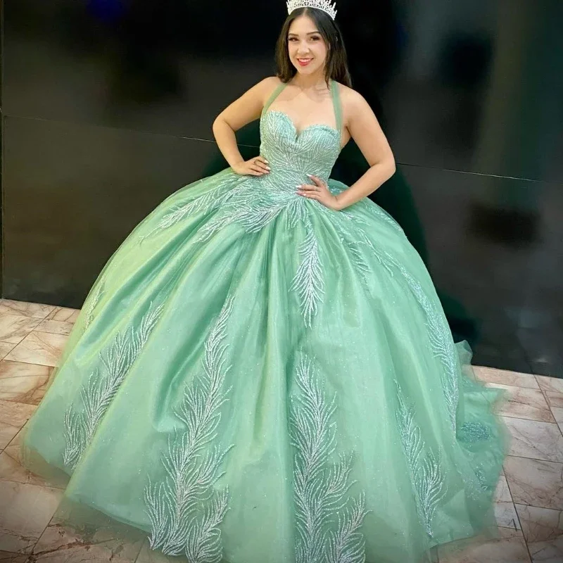 women's casual Friday dressesGreen Shiny Sweetheart Quinceanera Dress Off The Shoulder Ball Gown Lace Beads Corset Sweet 15 Vestidos De XV Años