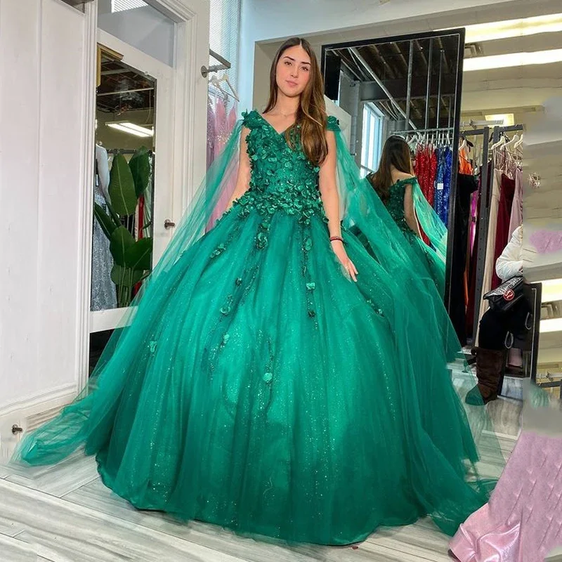 women's everyday dressesGreen V-Neck Ball Gown Quinceanera Dresses 15 Years Sexy Off-Shoulder 3D Flower With Cape Tulle Formal Princess Birthday Gowns