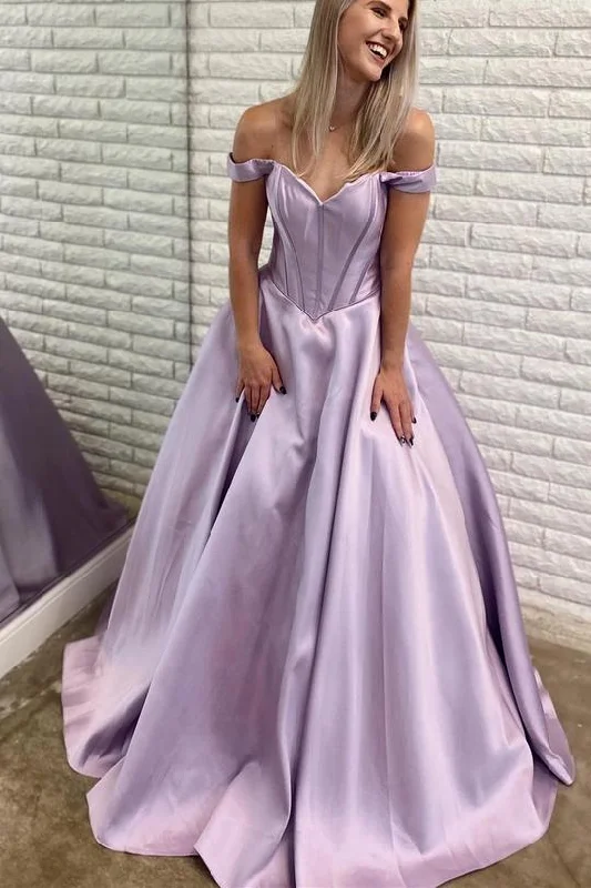 women's empire waist dressesLavender Off the Shoulder Satin Long Ball Gown