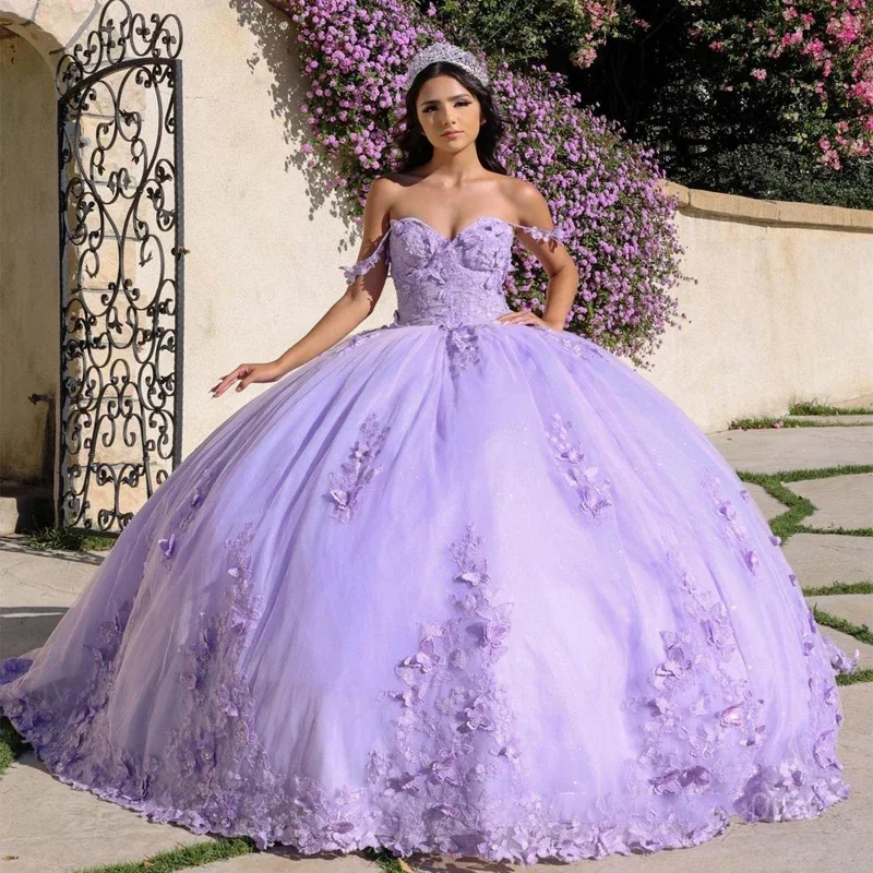 women's hourglass figure dressesLavender Quinceanera Dress Sweetheart 3D Bow Butterfly Lace Ball Gown With Cape Crystal Sweet 15 Vestidos De XV Años