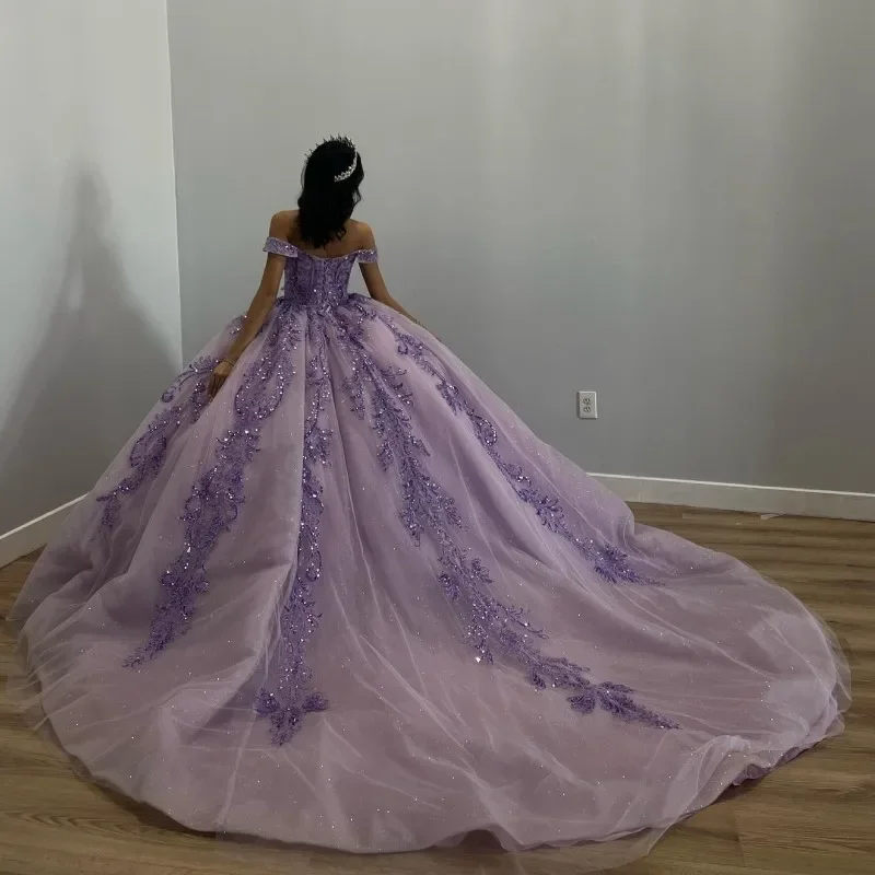 women's silk dressesLavender Shiny Quinceanera Dresses Ball Gown 2024 Sequins Off Shoulder Beaded Sweet 16 Dress Lace-up Vestidos De 15 Años