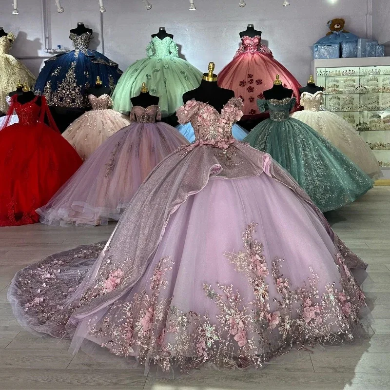 women's denim dressesLavender Sparkly Princess Off Shoulder Quinceanera Dresses Sweetheart Lace Applique Beads Sweet 16 Ball Gown Vestidos De 15 Años