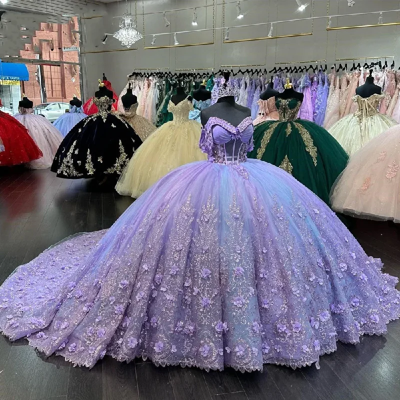 women's off-the-shoulder dressesLight Purple Quincenara Dress 2024 Sparkly Beading Sequin Quinceañera XV Sweet 16 Ball Gown Vestidos De 15 Años