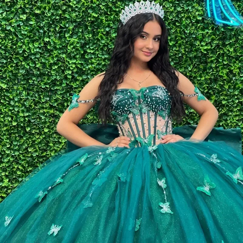 women's long-sleeved dressesLuxury Emerald Green Vestidos De 15 Años 2024 Ball Gowns Quinceanera Dresses Beaded Bow Princess Birthday Rhinestones Women