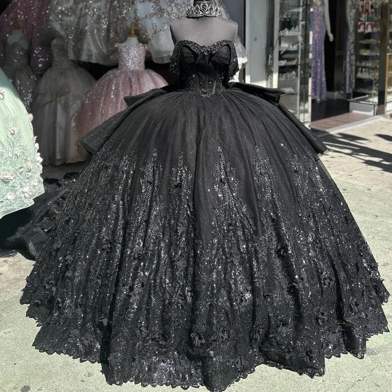 women's checkered dressesMexican Black Quinceanera Dresses Ball Gown Beaded Crystal Lace Appliques Sweet 16 Dress Princess Lace Up Vestido De 15 Años