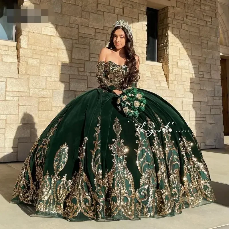 women's bow dressesMexican Girls Quince emerald Green Quinceanera Dresses Applique lace-up corset Sweet 16 Pageant Gowns Velvet Vestidos de XV años